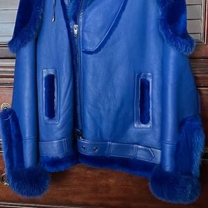 Royal Blue Leather Jacket with Fur Trim and Oversized Fit